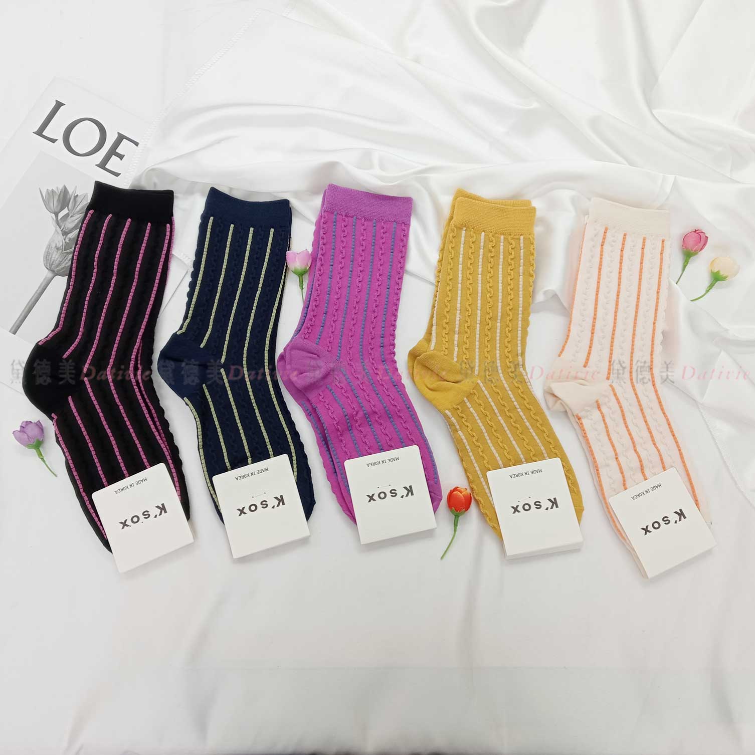 韓國襪 立體 花紋 線條 五色 中筒襪