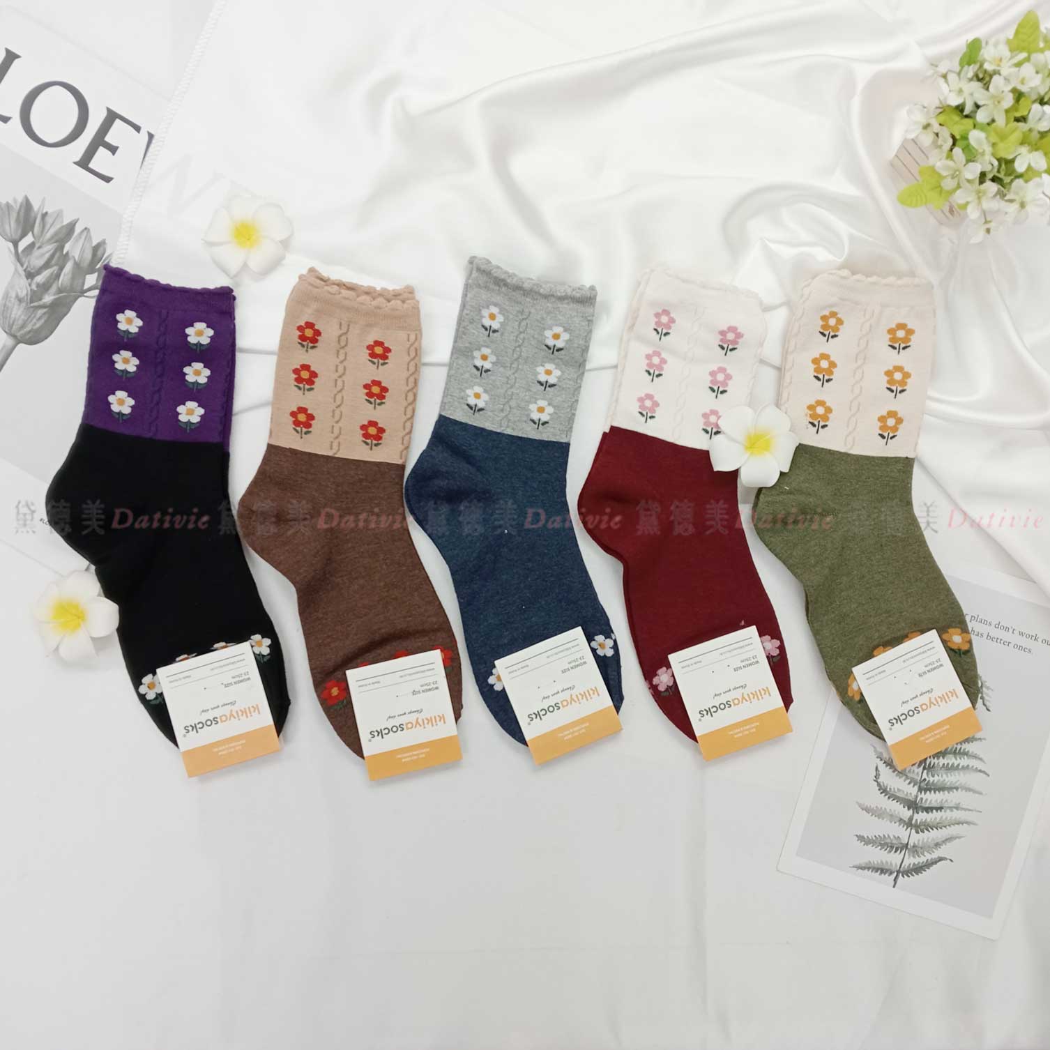 韓國襪 花朵 花邊 五色 中筒襪