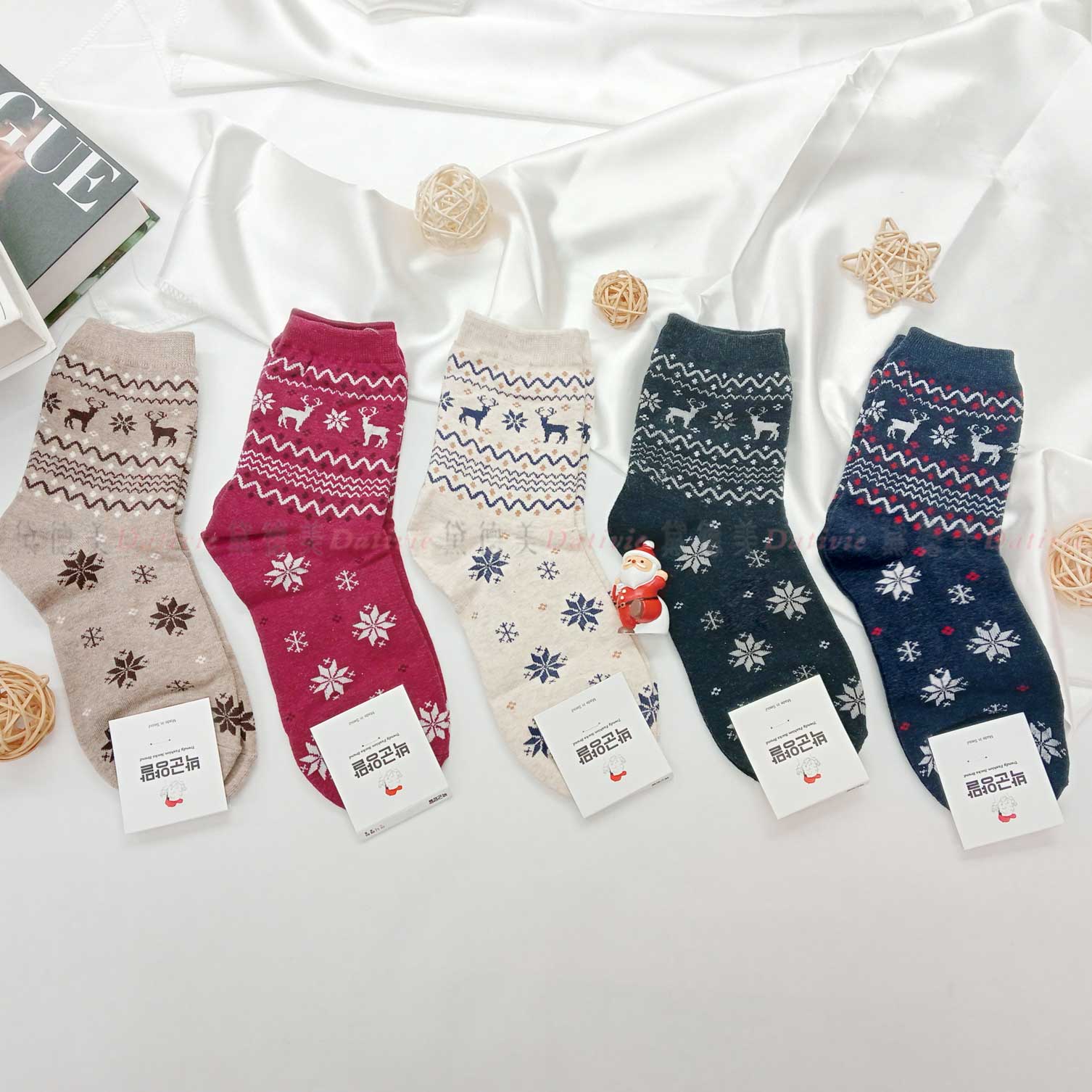 韓國襪 經典 聖誕節 麋鹿 雪花 五色 中統襪