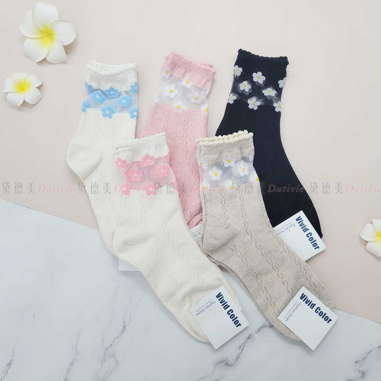 韓國襪 透膚 花朵 五色 中筒襪