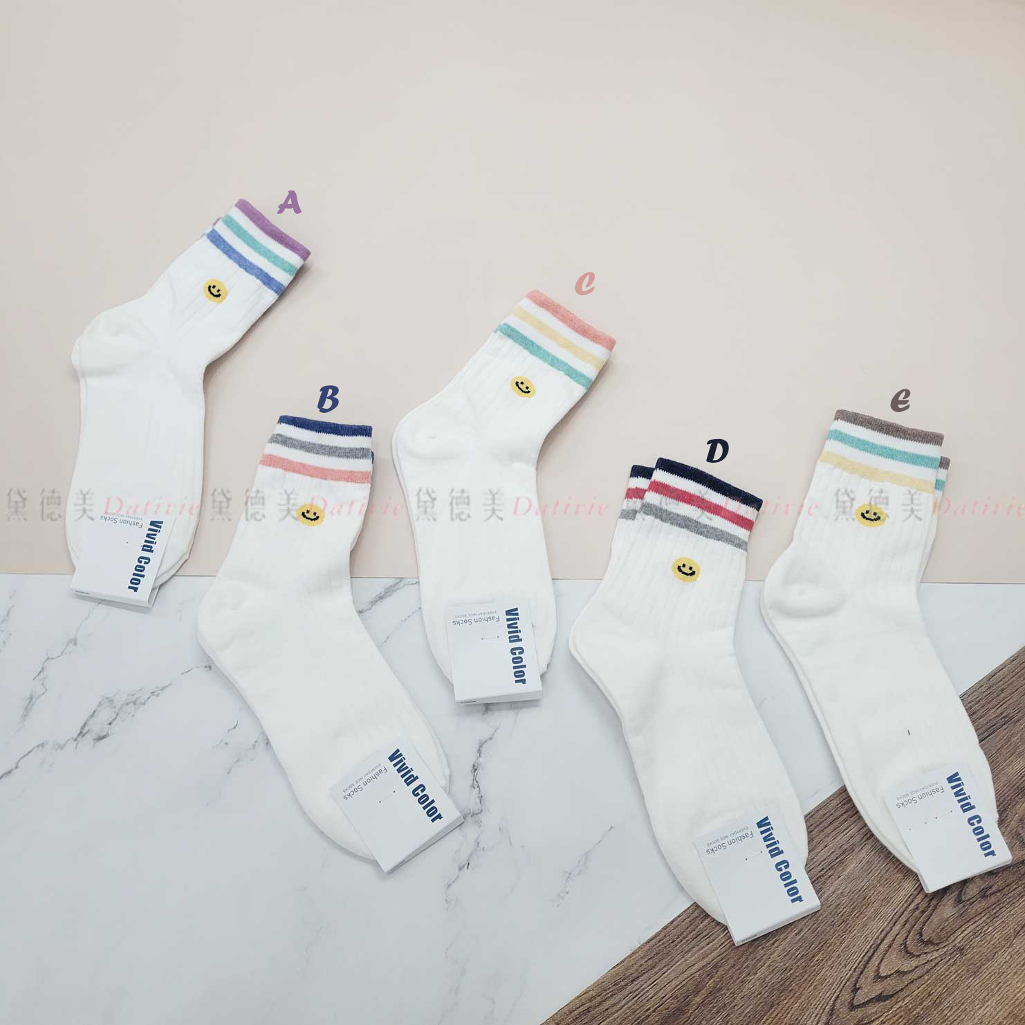 韓國襪 繽紛 條紋 笑臉 五色 中筒襪