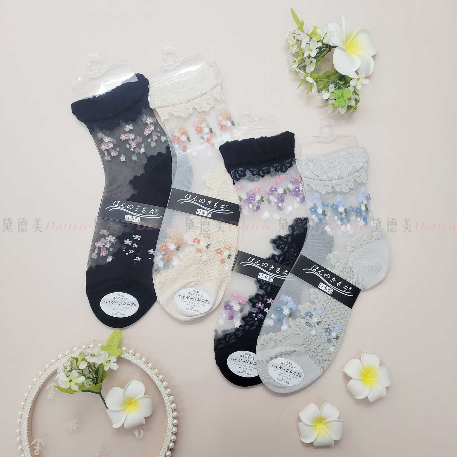 日本襪 透膚 花朵 少女襪 24-26cm-日本製造