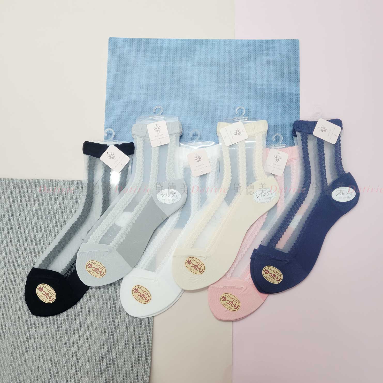 日本襪 透膚 條紋 花邊 少女襪 24-26cm-日本製造
