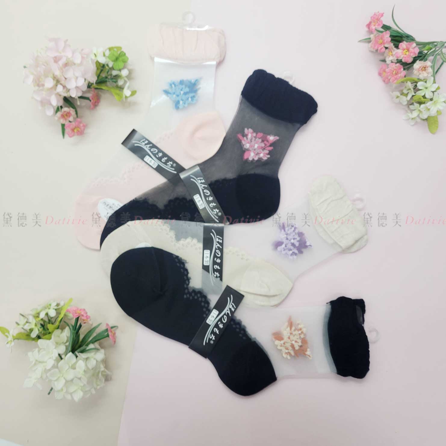 日本襪 透膚 繡球花 少女襪 24-26cm-日本製造
