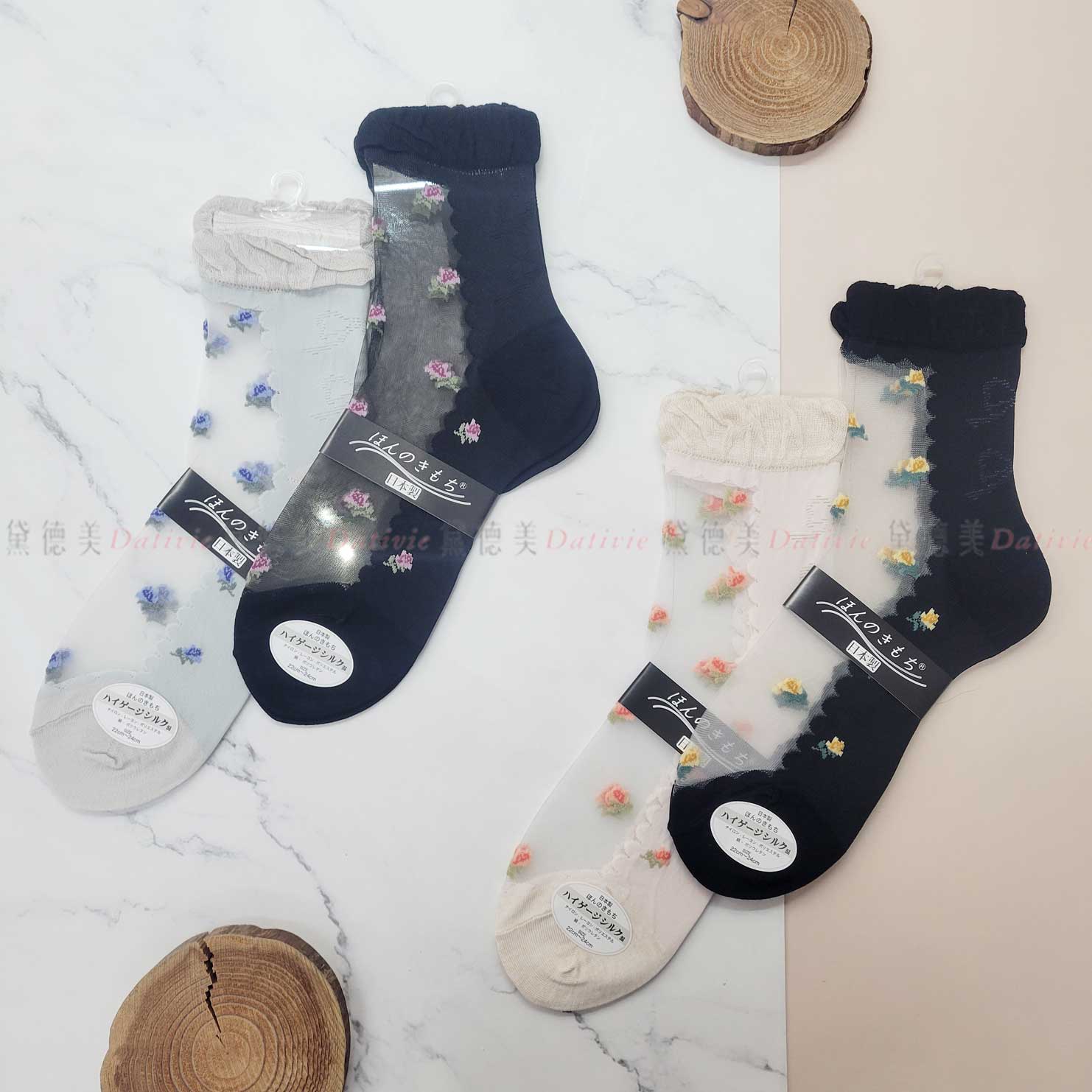 日本襪 透膚 花朵 捲邊 少女襪 24-26cm-日本製造