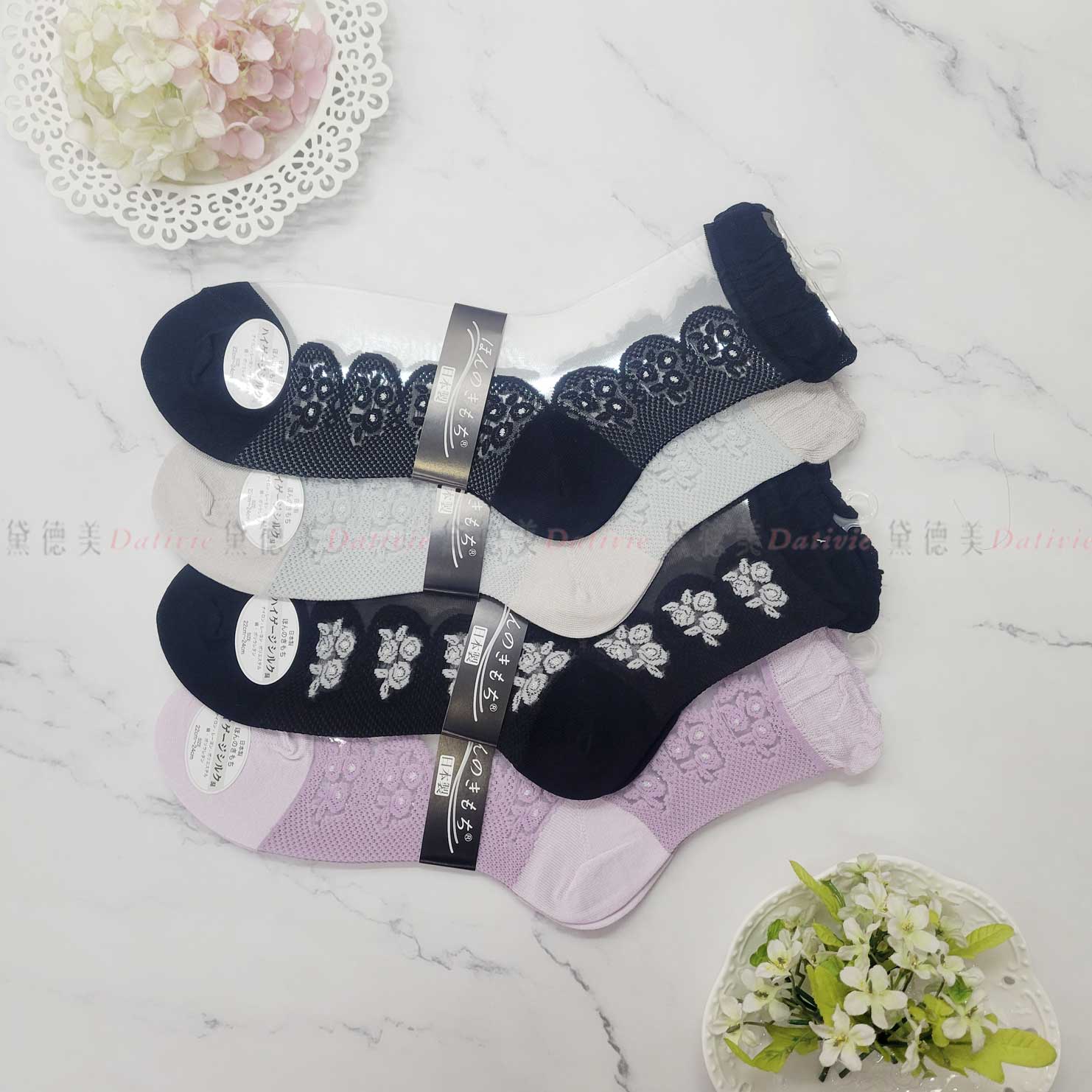 日本襪 透膚 花朵 花邊 少女襪 24-26cm-日本製造