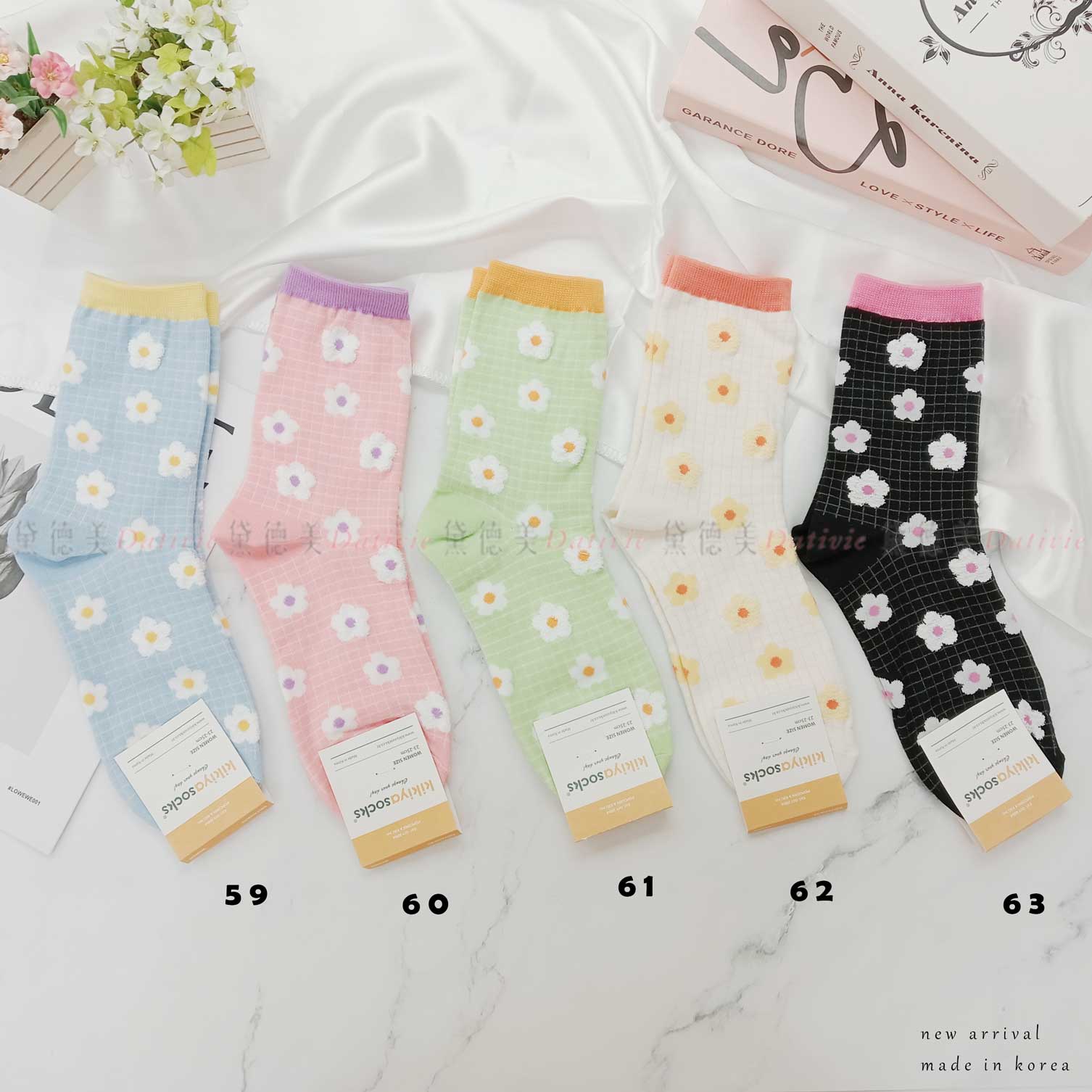 韓國襪 小花 格紋 滿版 五色 中筒襪
