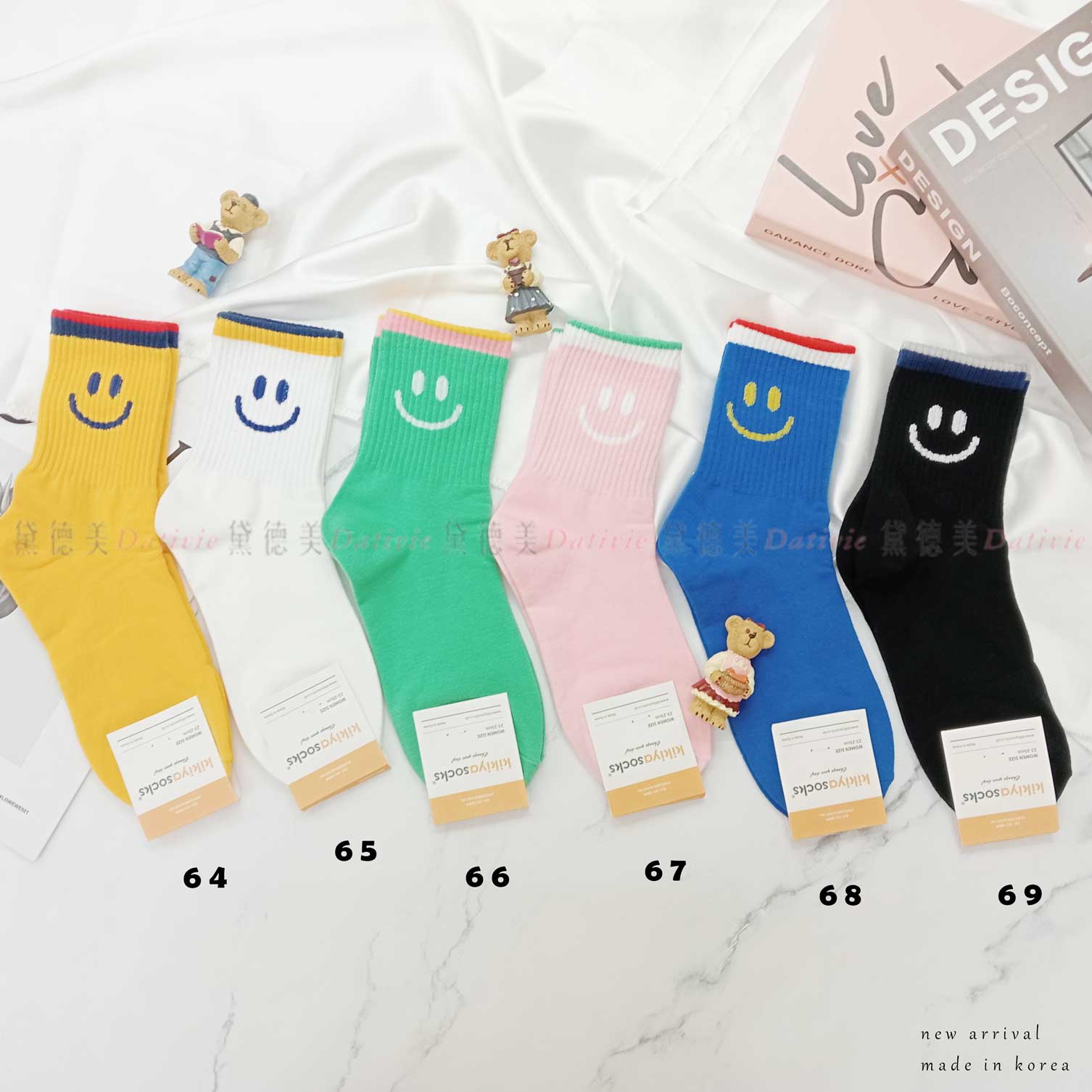 韓國襪 拼色 笑臉 六色 中筒襪