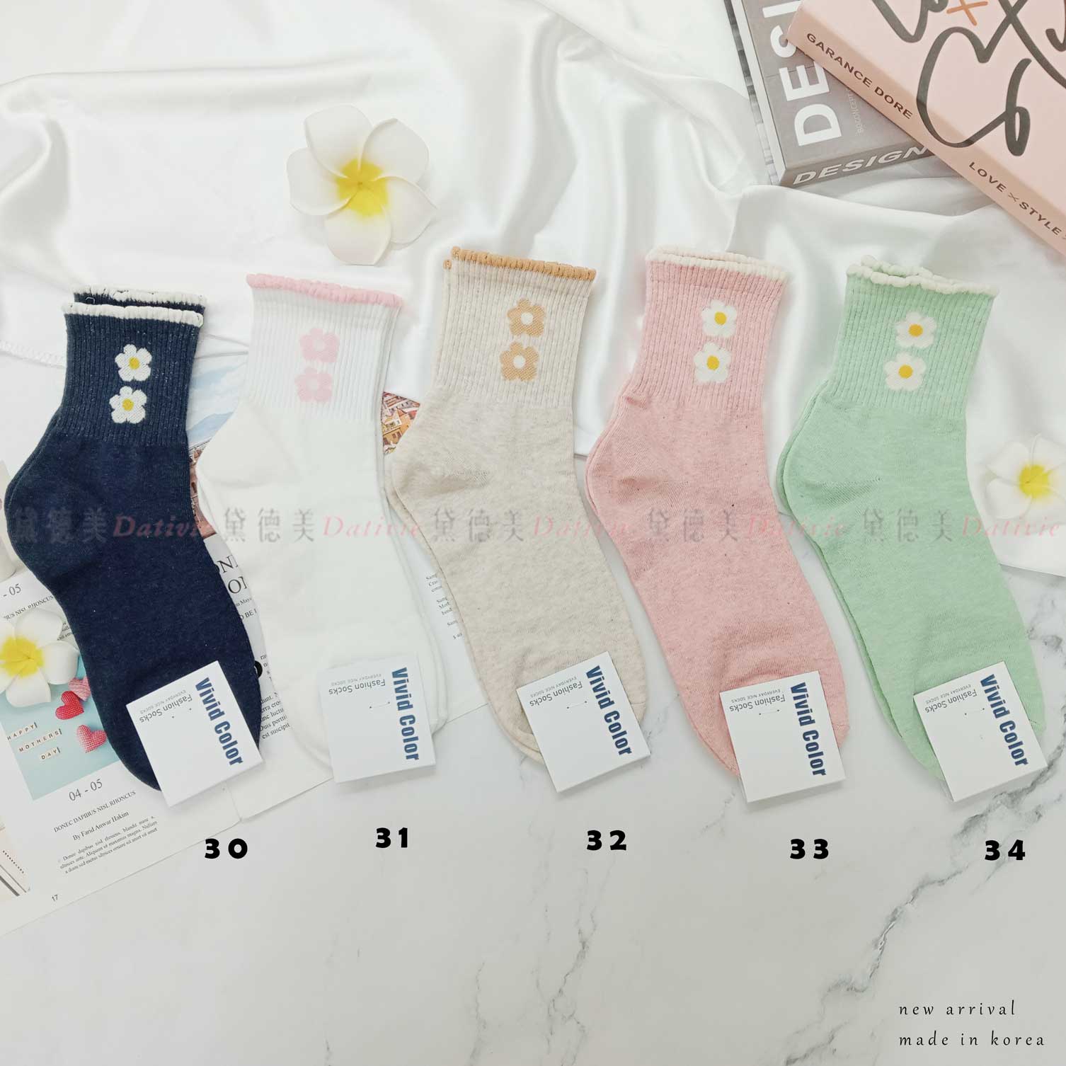 韓國襪 花朵 假兩件 五色 中筒襪