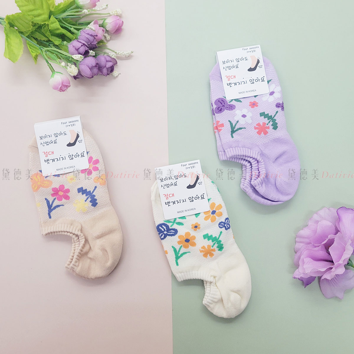 韓國襪 繽紛 滿版 花朵 踝襪