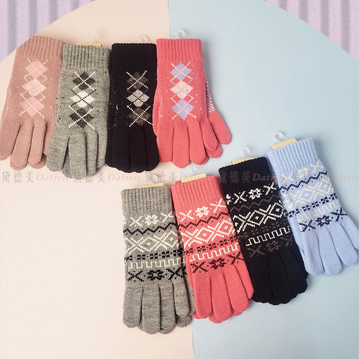 菱格 橫紋 圖騰 針織 保暖 手套 22cm
