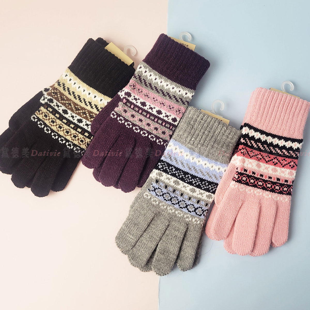 橫紋 圖騰 針織 保暖 手套 21.5cm