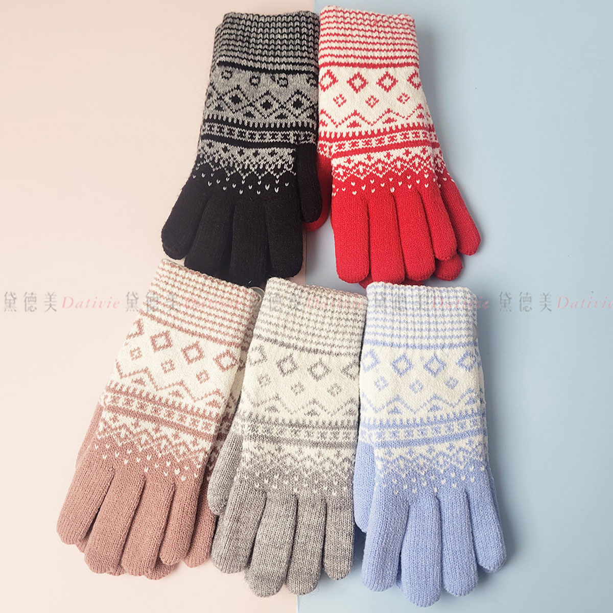 圖騰 雙層針織 保暖 手套 22cm