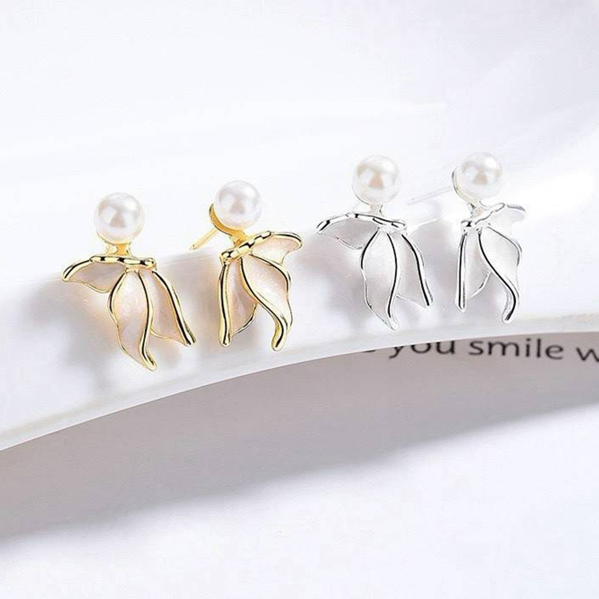 預購-泰國 全925純銀耳環 烤漆魚尾珍珠耳釘(對)