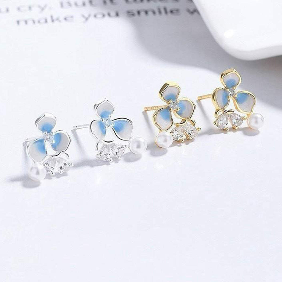 預購-泰國 全925純銀耳環 烤漆花朵珍珠耳釘(對)